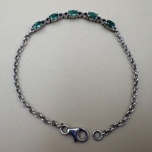 VTG 925 Sterling Silver Natural Green Emerald Oval Station Link Bracelet 7.25in